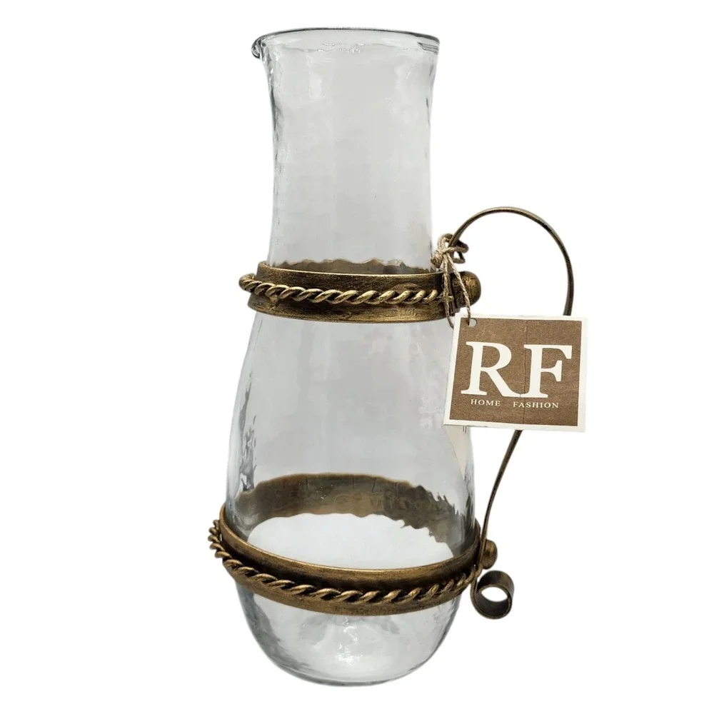 RF Home Fashion Rustic Wrought‎ Metal And Clear Glass Pitcher Vase Handcrafted